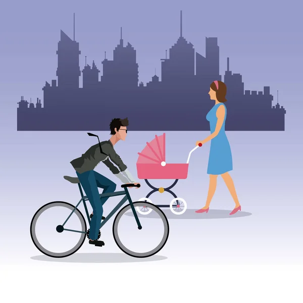 Woman walking pram and boy ride bike city background — Stock Vector