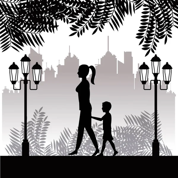 Silhouette woman and child walking park twon background — Stock Vector