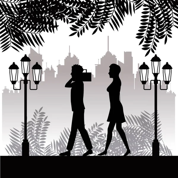 Silhouette man radio and woman walking park twon background — Stock Vector