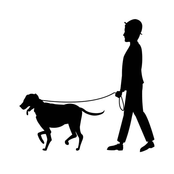 Homem silhueta e cão caminhando — Vetor de Stock