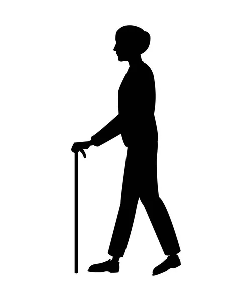 Silhouet oudere man walking stick — Stockvector