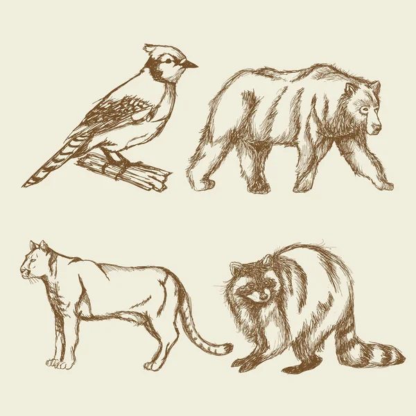 Ställa in djur vintage doodle stil — Stock vektor