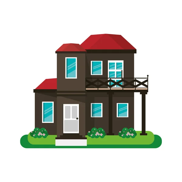 Casa con balcón techo rojo diseño de jardín — Vector de stock