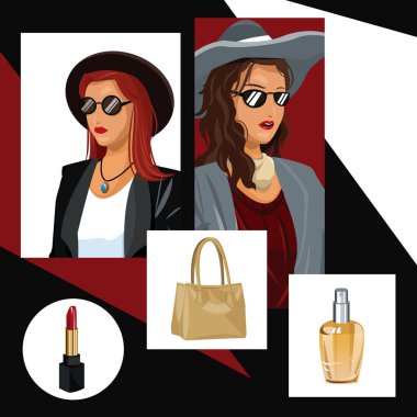 kadın moda makyaj çantası ve geometrik arka plan ile parfüm