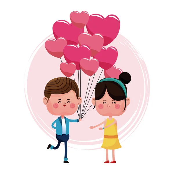 Niño con globos en forma de corazón y chica feliz — Vector de stock