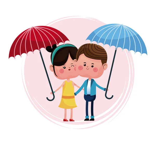 Pareja amante con paraguas azul y rojo — Vector de stock