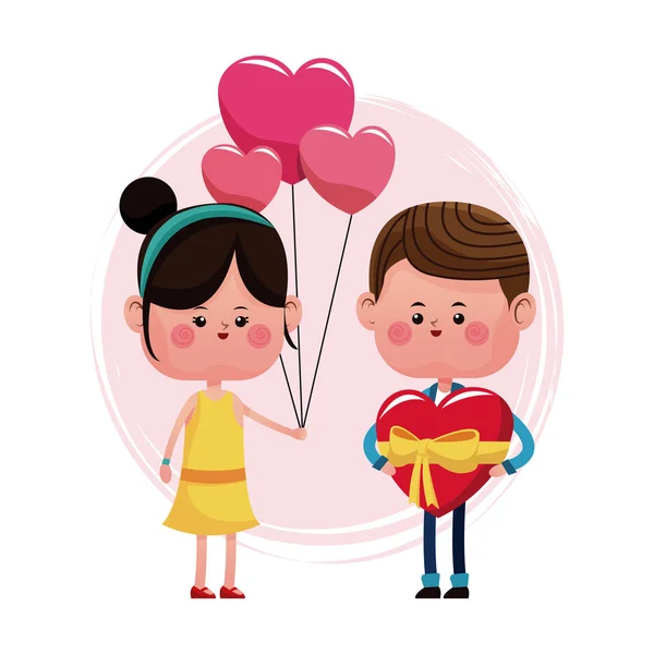 Pareja amante día de San Valentín y globos choclate caja de forma de corazón — Vector de stock