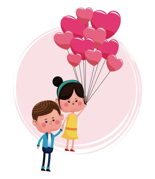 Linda pareja amorosa con globos rosa en forma de corazón — Vector de stock