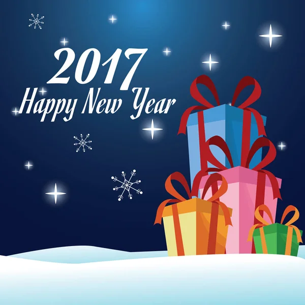 Felice anno nuovo 2017 biglietti di auguri regali sopra le luci della neve fiocco rosso — Vettoriale Stock