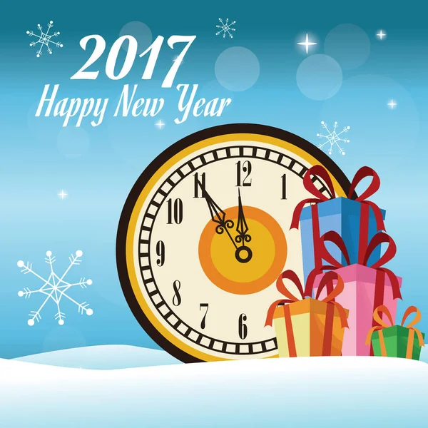 Feliz año nuevo 2017 reloj de tarjeta de felicitación sobre los regalos de nieve y copos de nieve — Vector de stock