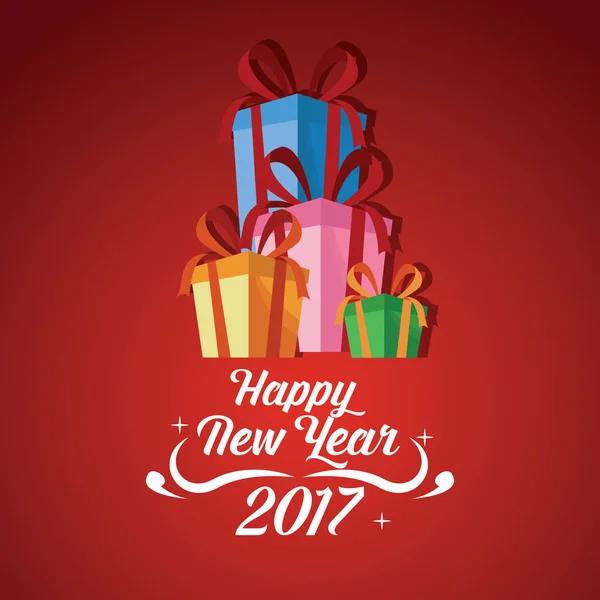 Felice anno nuovo 2017 biglietto di auguri scatole regalo nastro rosso sfondo — Vettoriale Stock