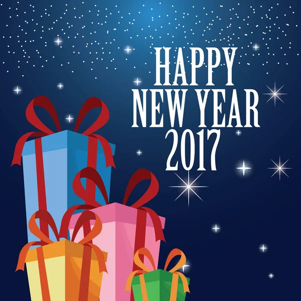 Felice anno nuovo 2017 biglietto di auguri ed scatole regalo — Vettoriale Stock