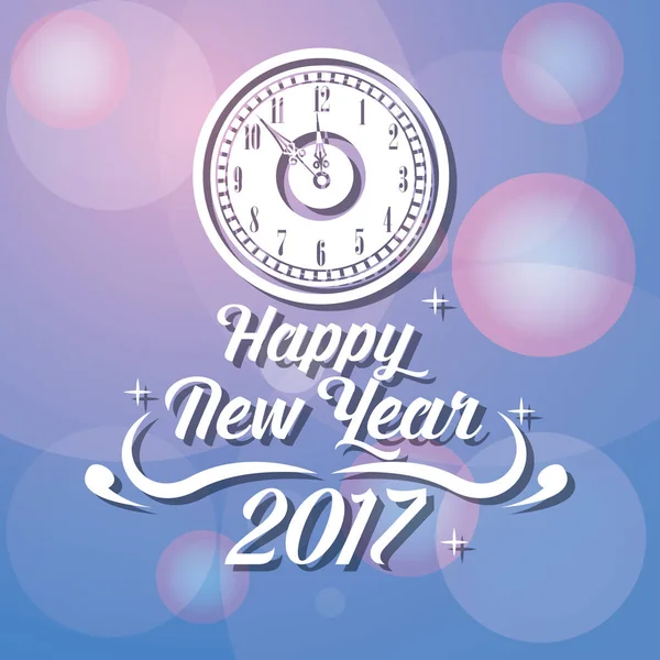 Felice anno nuovo 2017 biglietto di auguri con sfondo luci dell'orologio — Vettoriale Stock