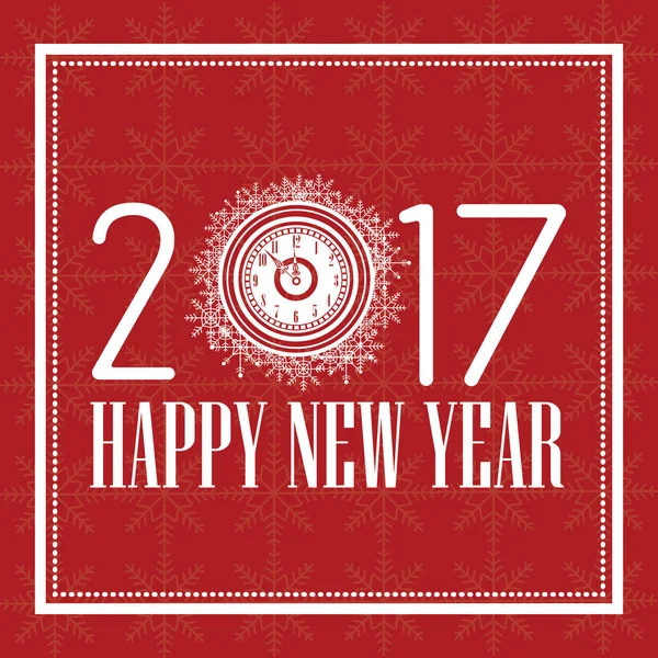 Felice anno nuovo 2017 biglietto di auguri bianco orologio testo e sfondo rosso — Vettoriale Stock