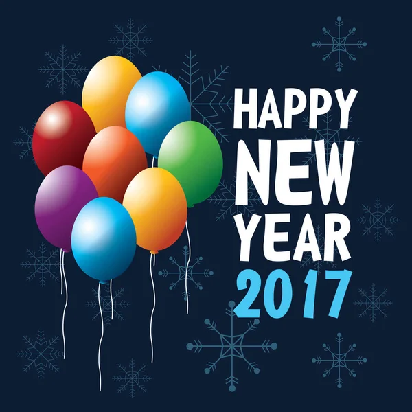 Felice anno nuovo 2017 biglietto di auguri palloncini di volo ed neve — Vettoriale Stock