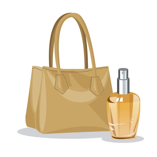 Borsa beige e bottiglia di profumo wo — Vettoriale Stock