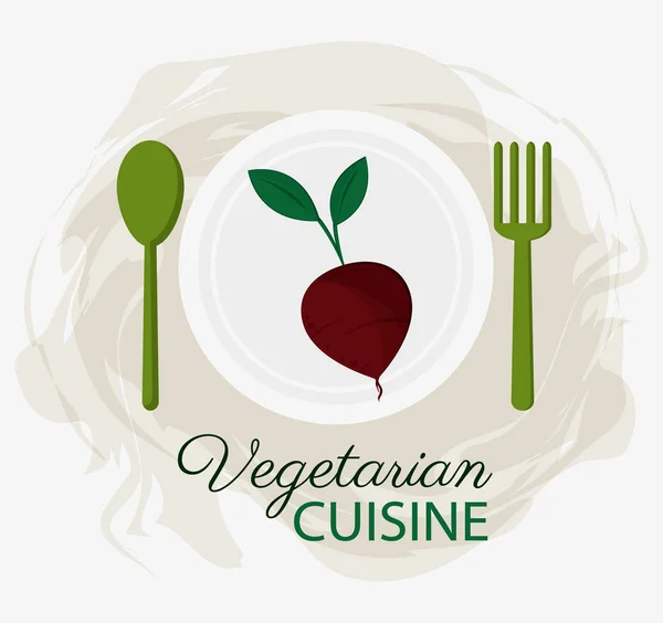 Beet vegetarian cuisine organic food plate and spoon fork — Stock Vector