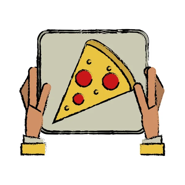 Hand pojke leverans rutan pizza ritning — Stock vektor