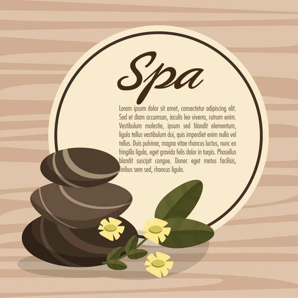 Poster spa massaggio con pietre calde relax con bakcground in legno di fiori — Vettoriale Stock
