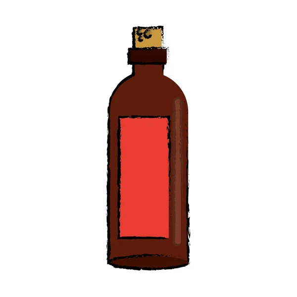 Tekening bruine fles wijn met rood label — Stockvector