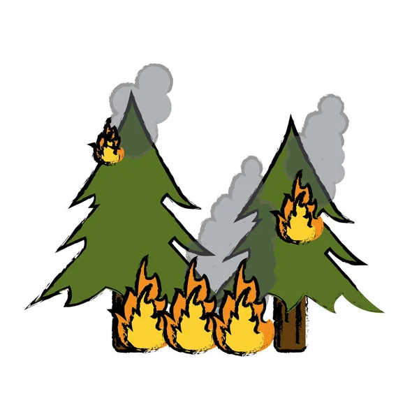 Drawing wildfire destroys pines smock — Stock Vector