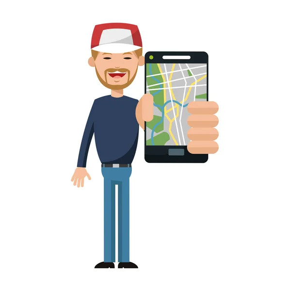 Homem e smartphone com design de aplicativo gps — Vetor de Stock