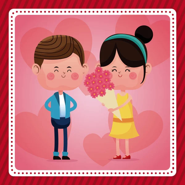 Niño y niña flores ramo rosa corazones fondo — Vector de stock