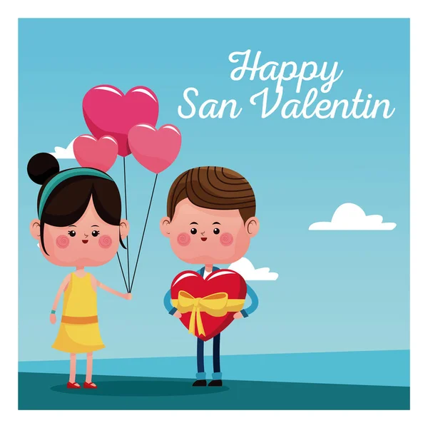 Feliz san valentín tarjeta chica rama globos y chico con corazón rojo — Vector de stock