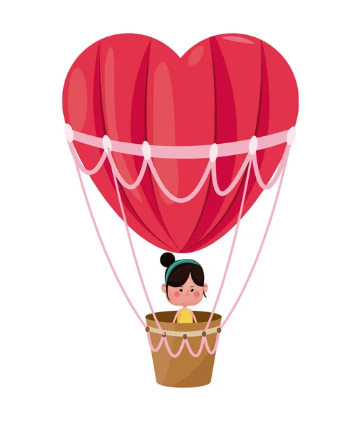 Linda chica volando corazón airballoon día de San Valentín — Vector de stock