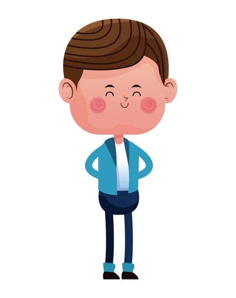 Standing boy with blue pants jacket closed eyes — Stock Vector