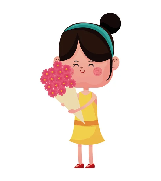 Chica feliz cerrado ojos con bouquetflowers — Vector de stock