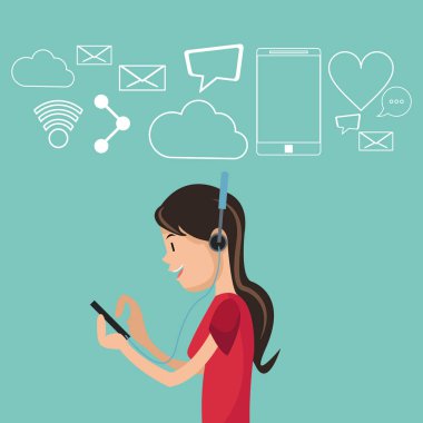 akıllı telefon kulaklık sosyal medya arka plan kullanan kız