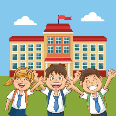 neşeli öğrenci okul binası arka bahçesinde