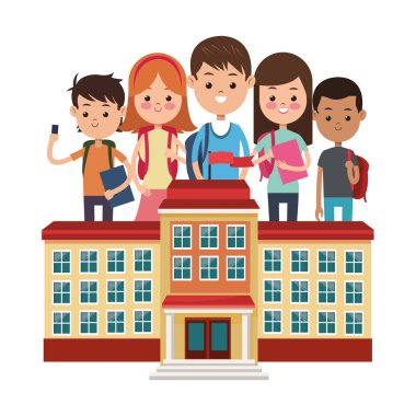 okul binası farklı öğrencilerin beyaz arka plan