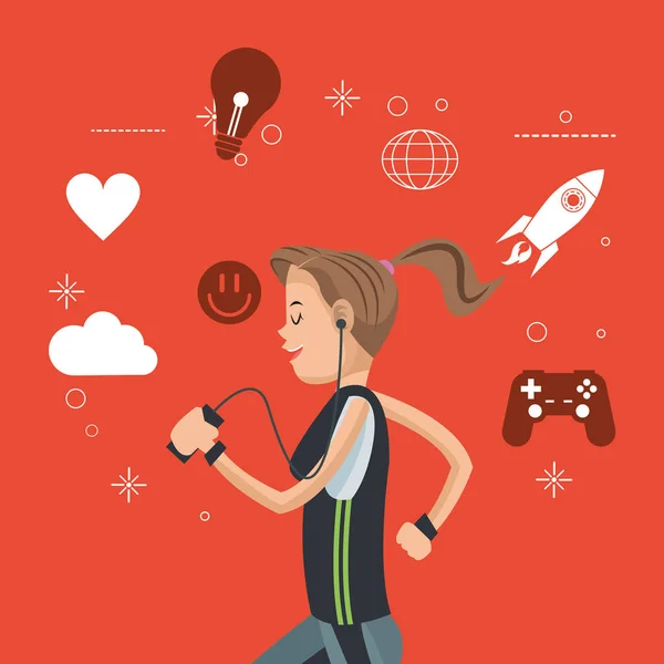 Mujer del deporte con auriculares medios sociales fondo naranja — Vector de stock