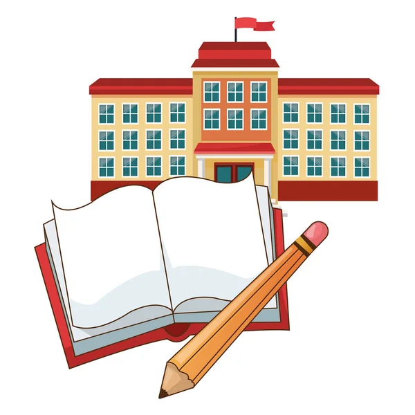 Gebäude Schule Flagge Buch Bleistift — Stockvektor