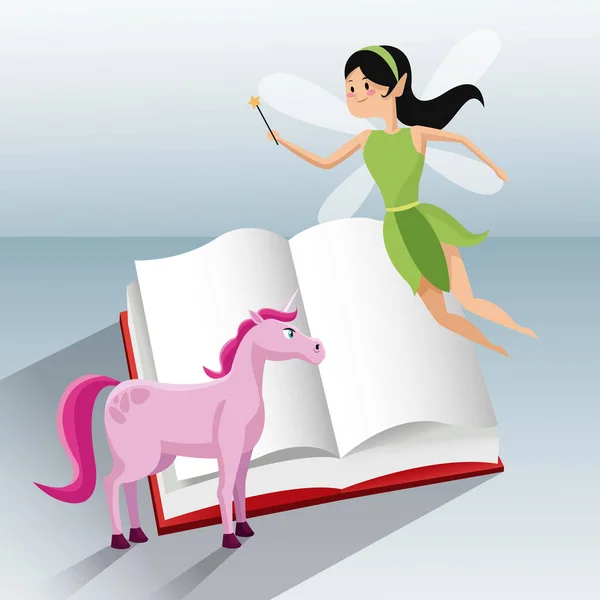 Libro di fiabe volanti e unicorno — Vettoriale Stock