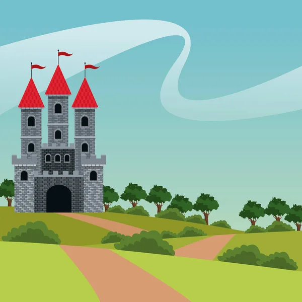 Красивый замок красные флаги крыши ландшафтной дороги — стоковый вектор