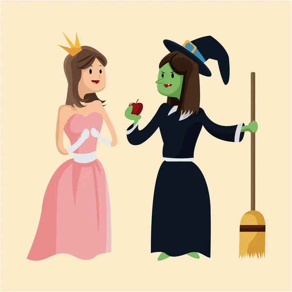 Słodkie księżniczki i brzydkie czarownica podać apple — Wektor stockowy