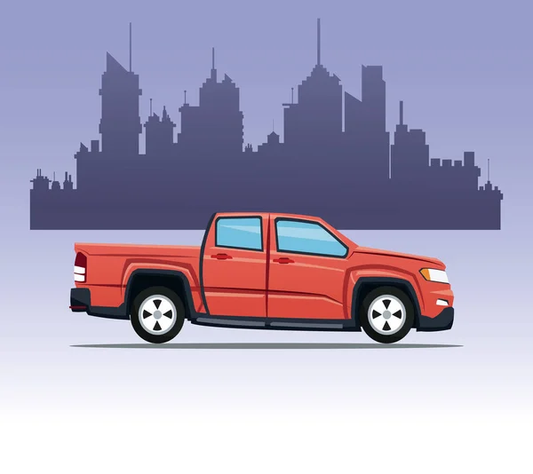 Red pick up double cab city background - Stok Vektor