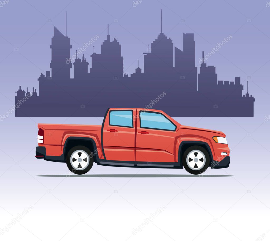 red pick up double cab city background