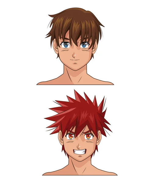 Dois anime rosto desenho animado masculino —  Vetores de Stock