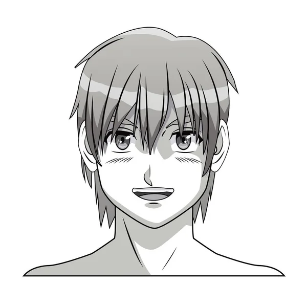 Wajah anak laki-laki komik anime tersenyum muda - Stok Vektor
