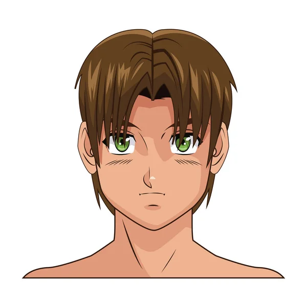 Retrato rosto mangá anime menino marrom cabelo verde olhos — Vetor de Stock