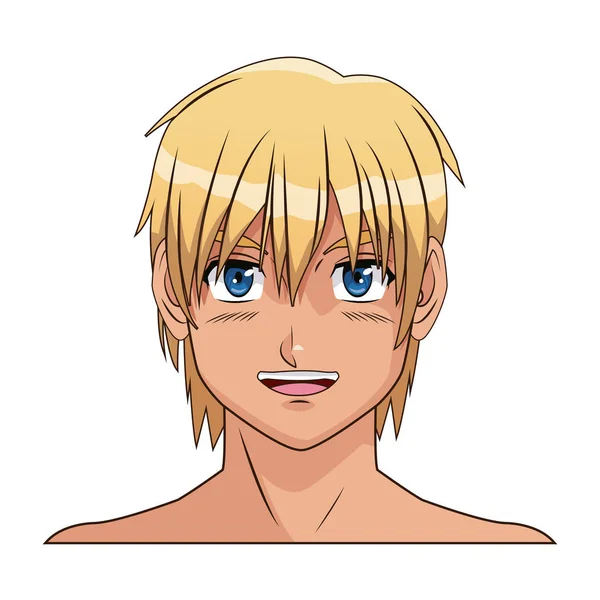 Porträtt ansikte manga anime pojke blont hår blå ögon leende — Stock vektor