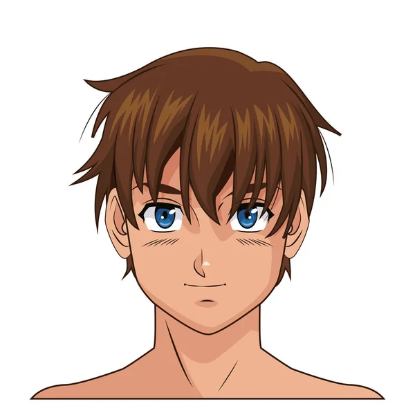 Retrato rosto mangá anime menino azul olhos marrom cabelo — Vetor de Stock