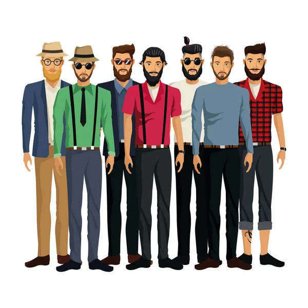 Grupo homens estilo hispter barbudo na moda — Vetor de Stock