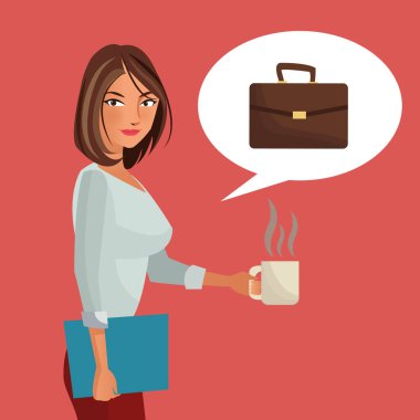 kadın iş office klasörü bavul ve Kupası kahve