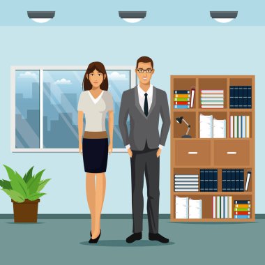 kadın ve erkek çalışma alanı ofis bookshelf bitki pot pencere