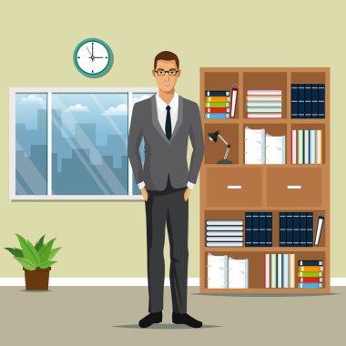 adam iş ofis iş bookshelf bitki pot saat penceresi